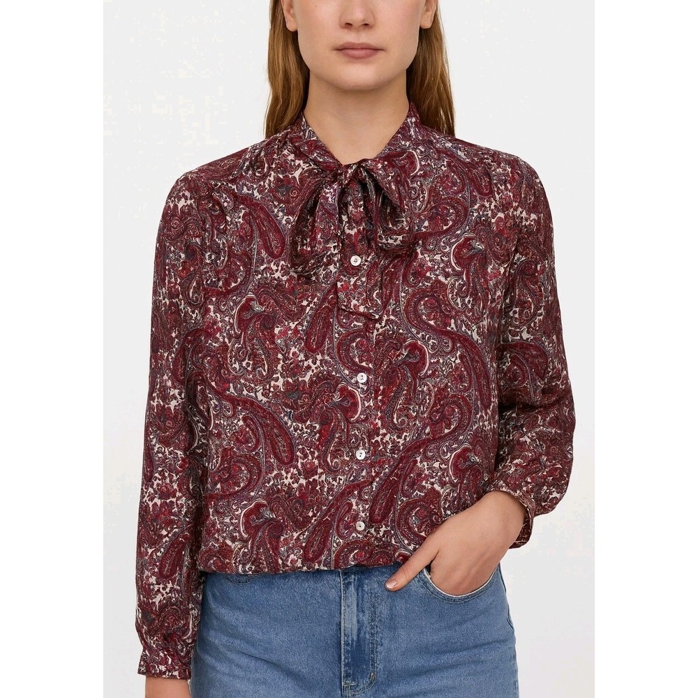 70s 80s Vintage Womens Button Front Blouse Pussybow Paisley Print‎